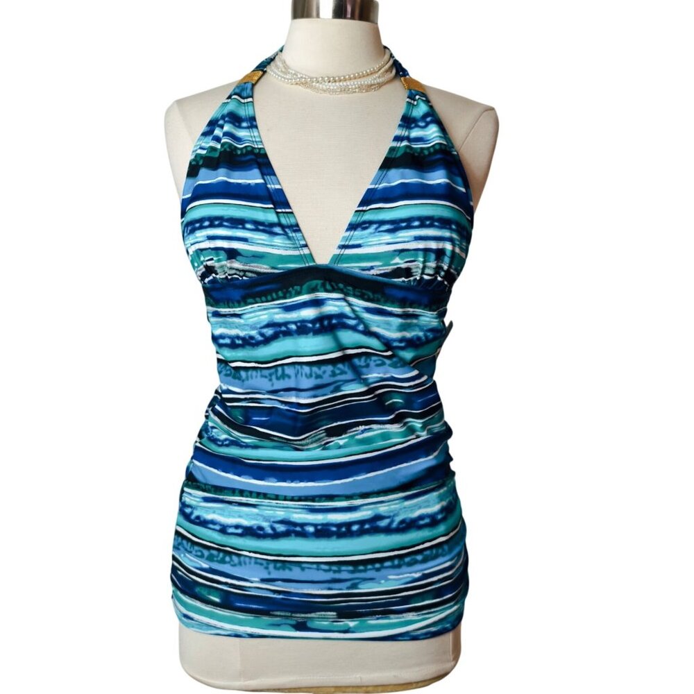 YBL Swim 12 Tankini Halter Blue Striped Gold Tone Swimsuit Padded Bra New